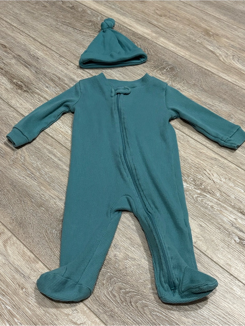 CHICK PEA | Teal Ribbed Footed One-Piece with Knot Hat